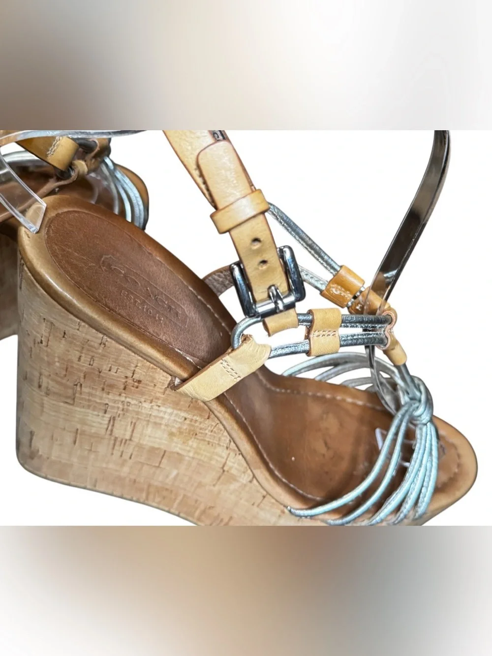 Coach sz 7B Georgian Metallic Leather Cork Platform Wedge Sandals Strappy Heels